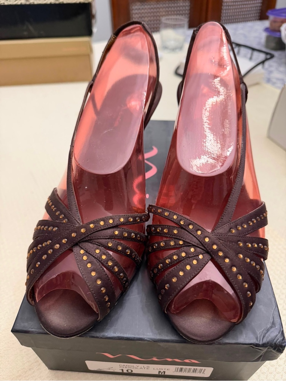 Brown Studded Peep-Toe Slingback Heels - Women's